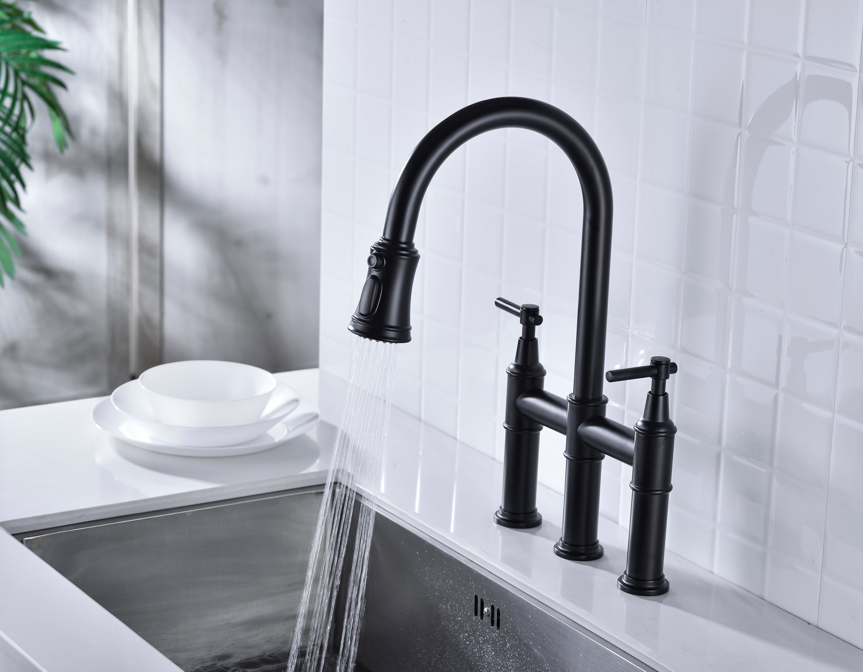 HAOYYE Bridge Kitchen Faucet with Pull-Down Sprayhead in Spot Sturdy Space-Saving Heavy Duty Modern Design Adults Dorm Room Easy Assembly Bedroom Furniture