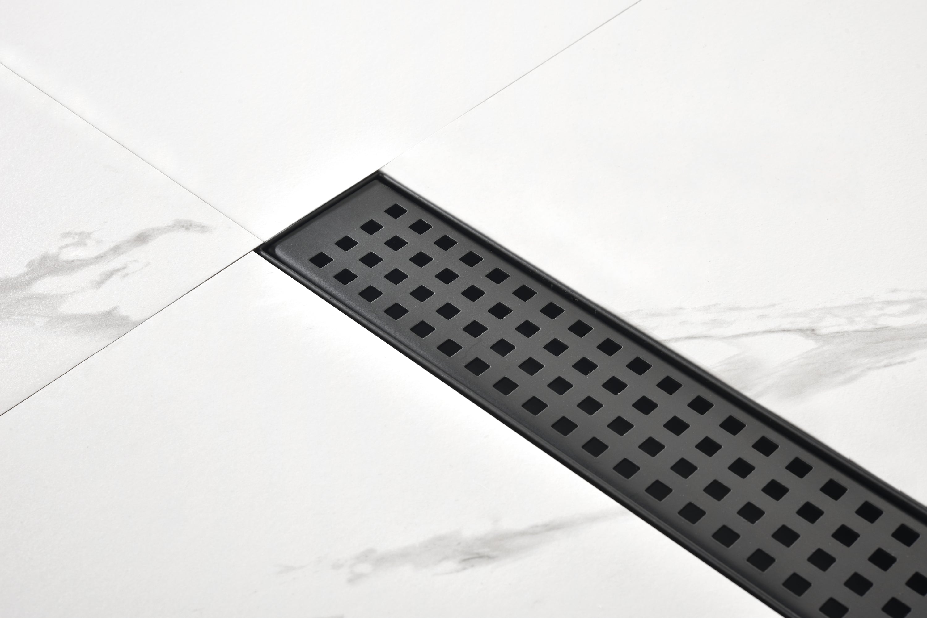HAOYYE Linear Shower Drain with Removable Quadrato Pattern Grate, 304 Stainless Shower Drain Included Hair Strainer and Leveling Feet Sturdy Space-Saving Heavy Duty Modern Design Adults Dorm Room
