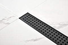 HAOYYE Linear Shower Drain with Removable Quadrato Pattern Grate, 304 Stainless Shower Drain Included Hair Strainer and Leveling Feet Sturdy Space-Saving Heavy Duty Modern Design Adults Dorm Room