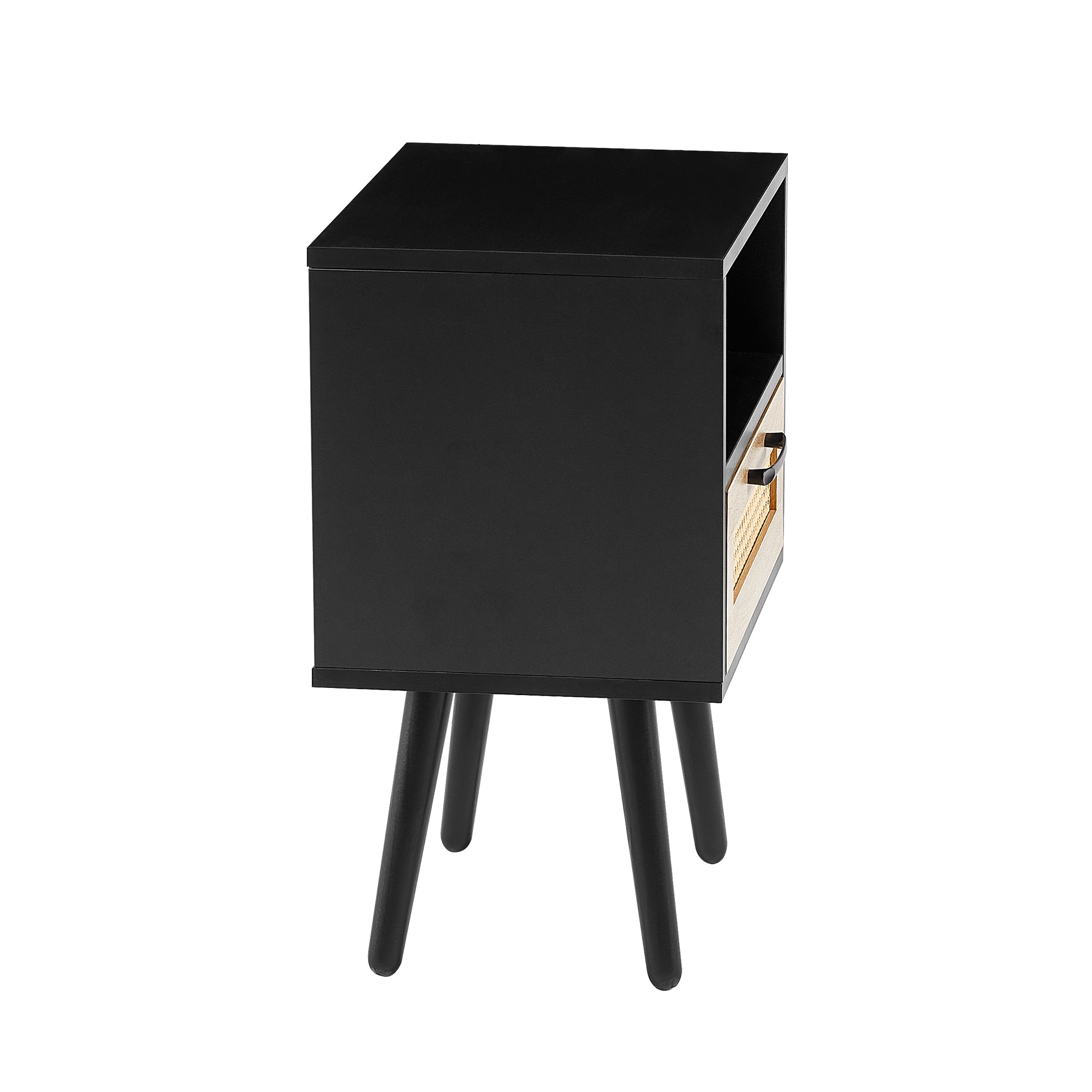 HAOYYE Rattan End Table with Drawer and Solid Wood Legs, Modern Nightstand, Side Table for Living Room, Bedroom, Black, Sturdy and Space-Saving Design, Heavy Duty Construction, Easy Assembly for Adults and Dorm Rooms