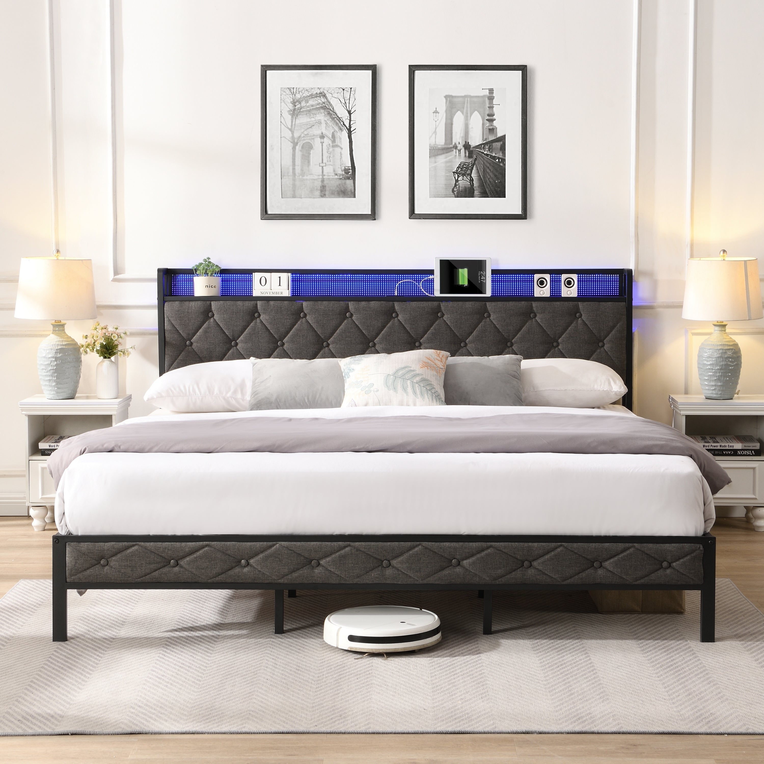 HAOYYE King Bed Frame with Storage Headboard, Charging Station and LED Lights, Upholstered Platform Bed with Heavy Metal Slats, No Box Spring Needed, Noise Free, Easy Assembly, Dark Gray Sturdy Space-Saving