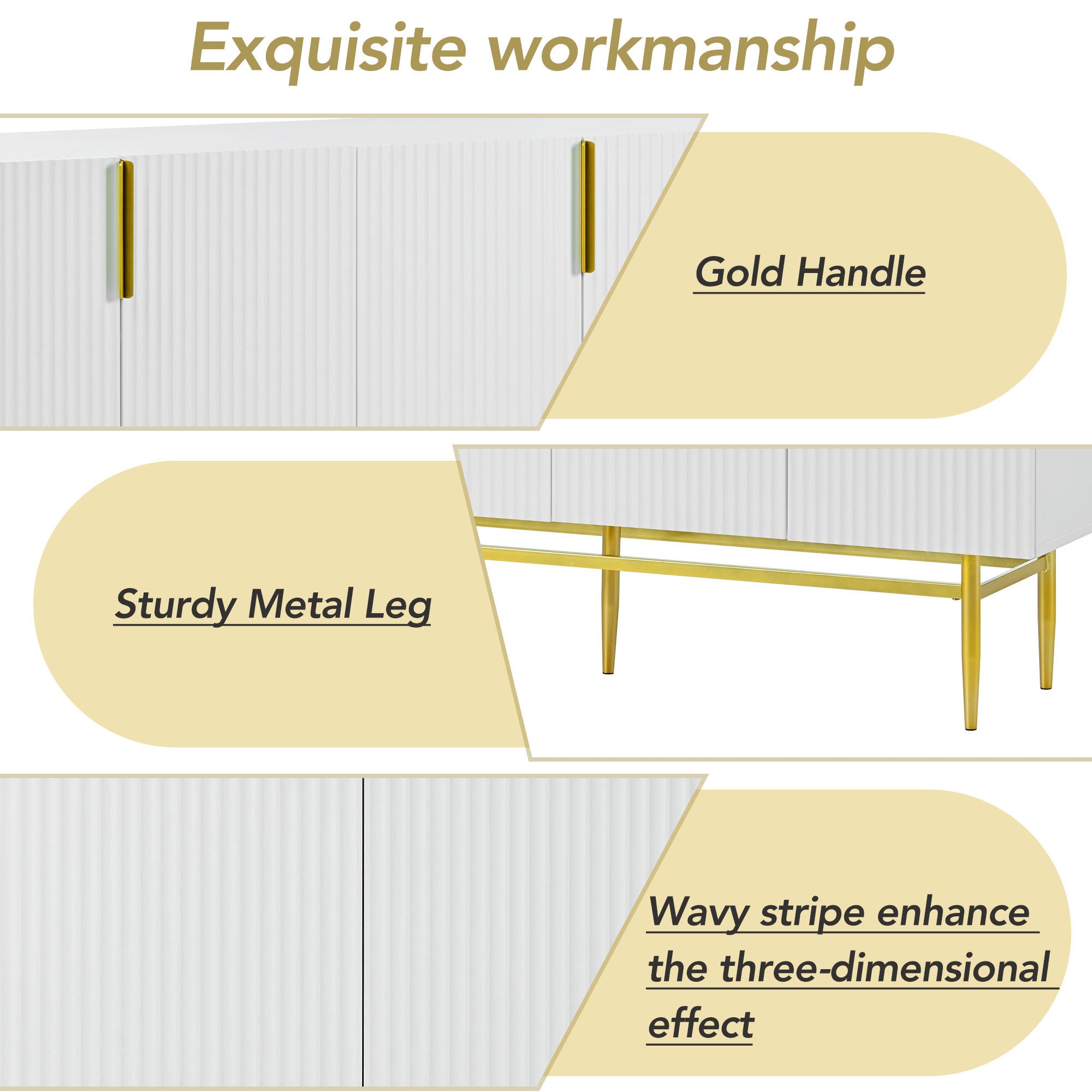 HAOYYE Modern Elegant 4-door Sideboard Gold Metal Handle Buffet Cabinet for Dining Room, Living Room, Bedroom, Hallway (White) Sturdy Space-Saving Heavy Duty Modern Design Adults Dorm Room