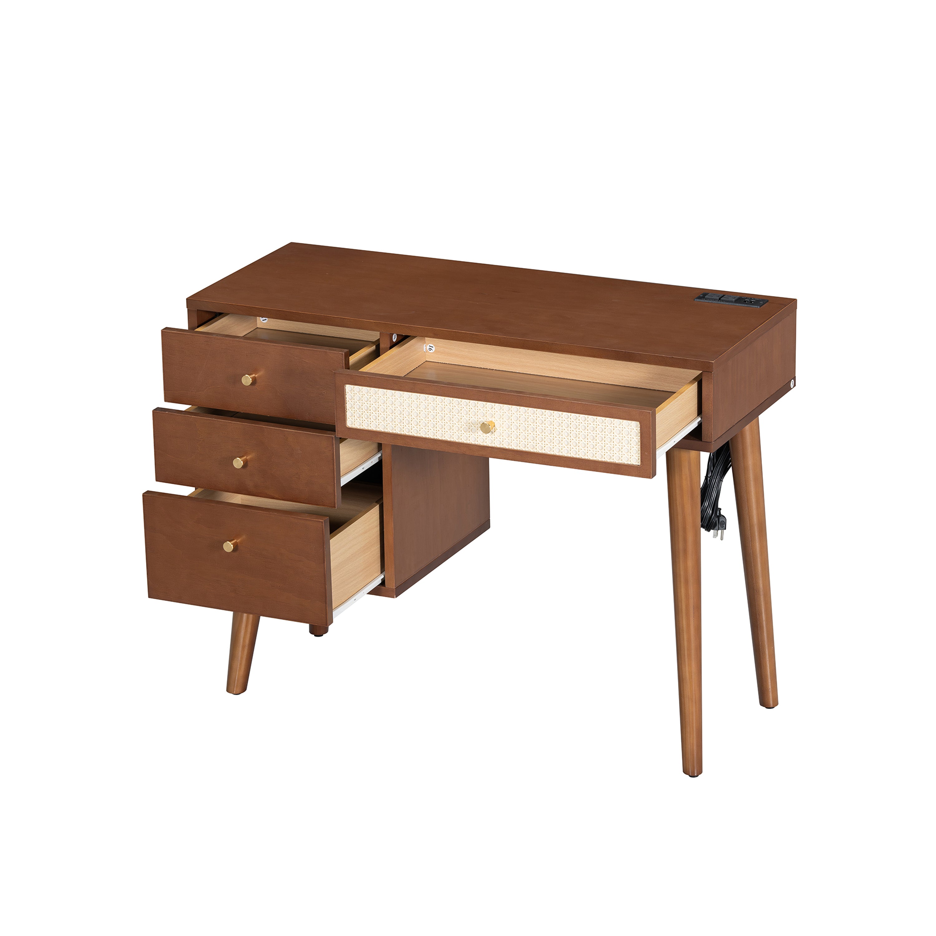 HAOYYE 39" Retro Bohemian Style Wooden Makeup Vanity Set with Charging Plug&USB Port and Stool, Dressing Table with 3 Storage Drawers and 1 Rectangular Rattan Drawer, Walnut
