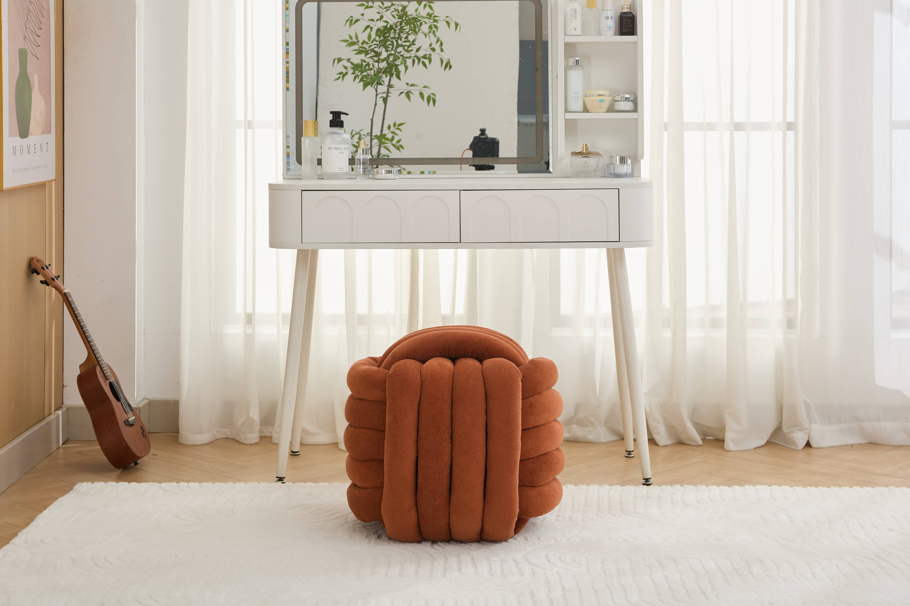 Haoyye Modern Chenille Fabric Knot Design Ottoman Makeup Stool Footstool, Comfortable and Stylish Seat, Perfect for Living Room and Bedroom, Space-Saving Heavy Duty Construction, Durable Furniture for Adults Dorm Room