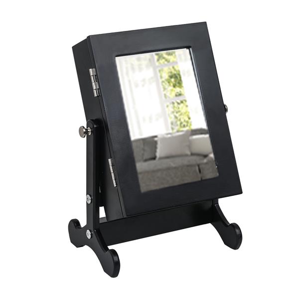 HAOYYE Small Black Mirror Jewelry Cabinet Organizer Armoire with Stand Countertop Storage Box for Rings Necklaces Earrings Makeup and Accessories Compact and Stylish Space-Saving Design for Bedroom or Vanity Table