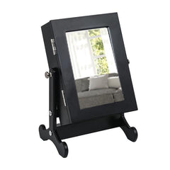 HAOYYE Small Black Mirror Jewelry Cabinet Organizer Armoire with Stand Countertop Storage Box for Rings Necklaces Earrings Makeup and Accessories Compact and Stylish Space-Saving Design for Bedroom or Vanity Table