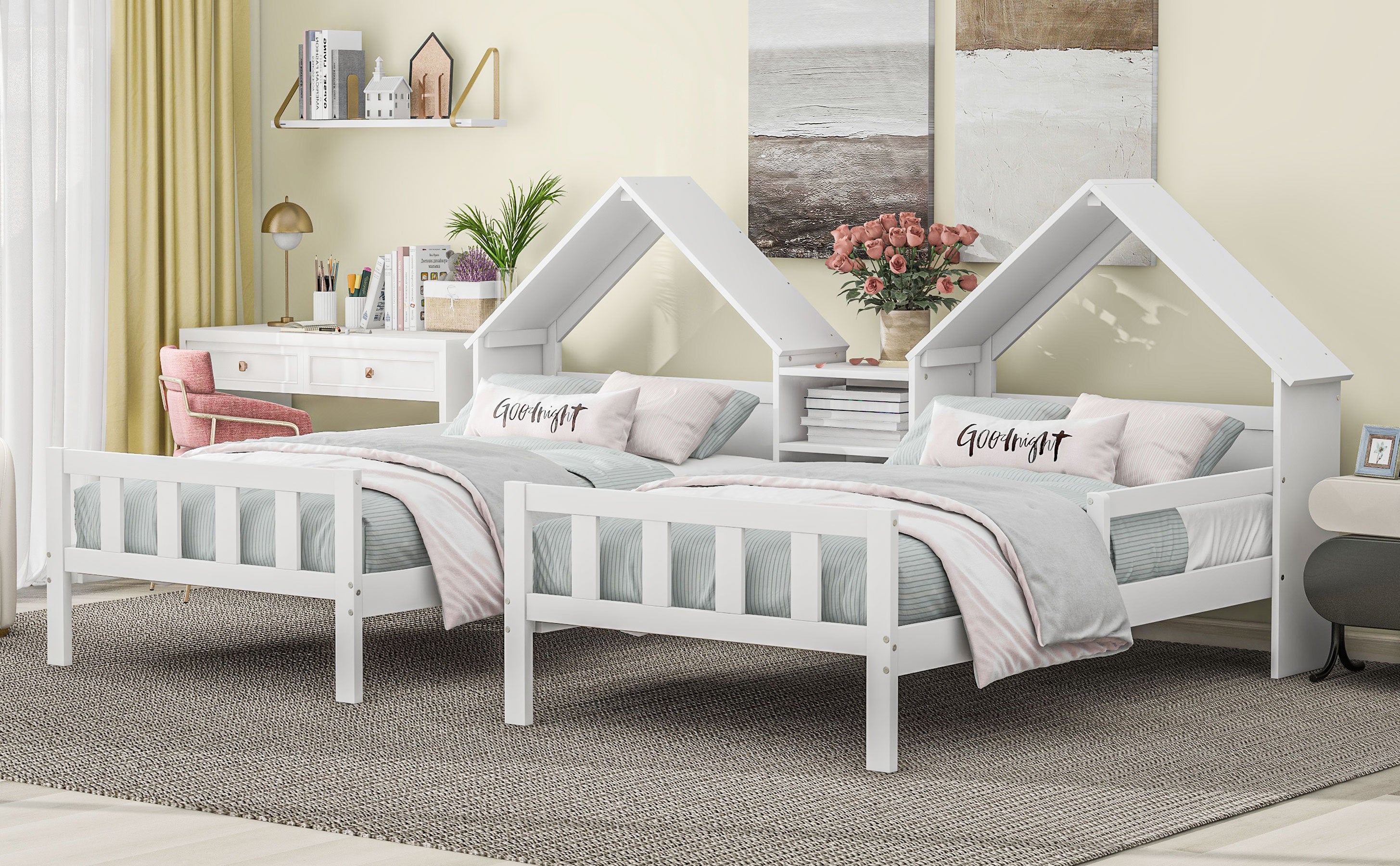 HAOYYE Double Twin Size Platform Bed with House-shaped Headboard and a Built-in Nightstand, White Sturdy Space-Saving Heavy Duty Modern Design Adults Dorm Room Easy Assembly Bedroom Furniture