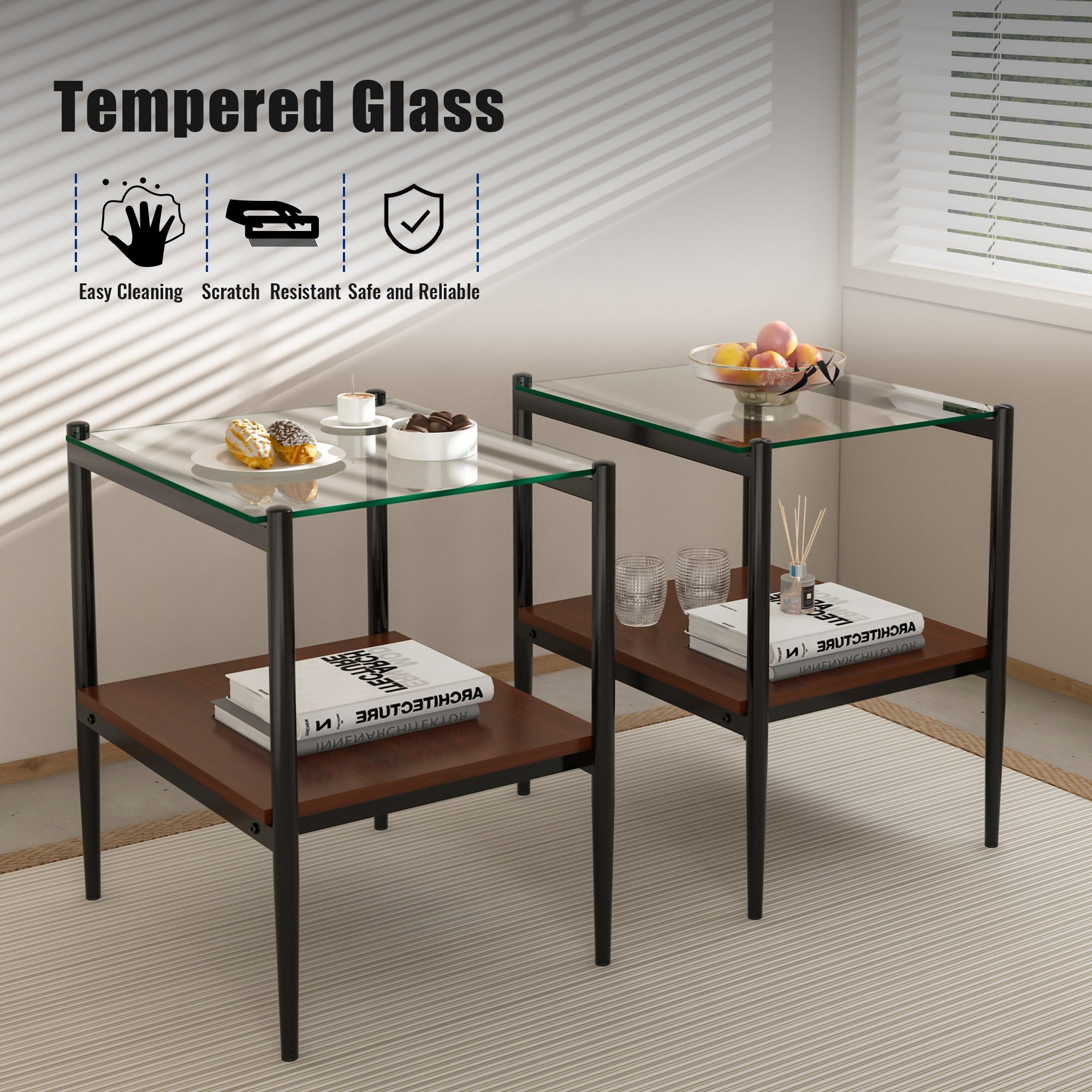 HAOYYE Set of 2 Rectangle End Table, Tempered Glass Tabletop with MDF layer, Modern Table for Living Room , Transparent Glass Sturdy Space-Saving Heavy Duty Modern Design Adults Dorm Room Easy Assembly