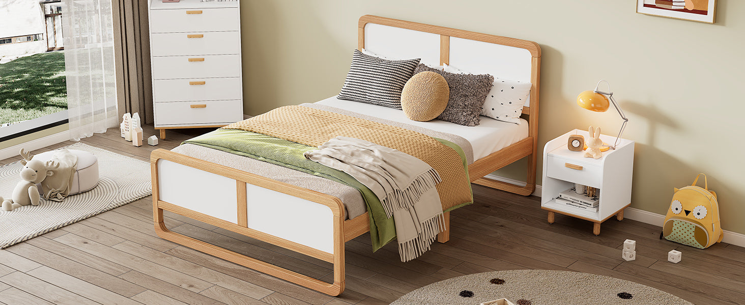 HAOYYE Modern Style Queen Size Solid Wood Platform Bed for , Teens, Adults, No Need Box Spring, Walnut and White Sturdy Space-Saving Heavy Duty Modern Design Dorm Room Easy Assembly Bedroom Furniture