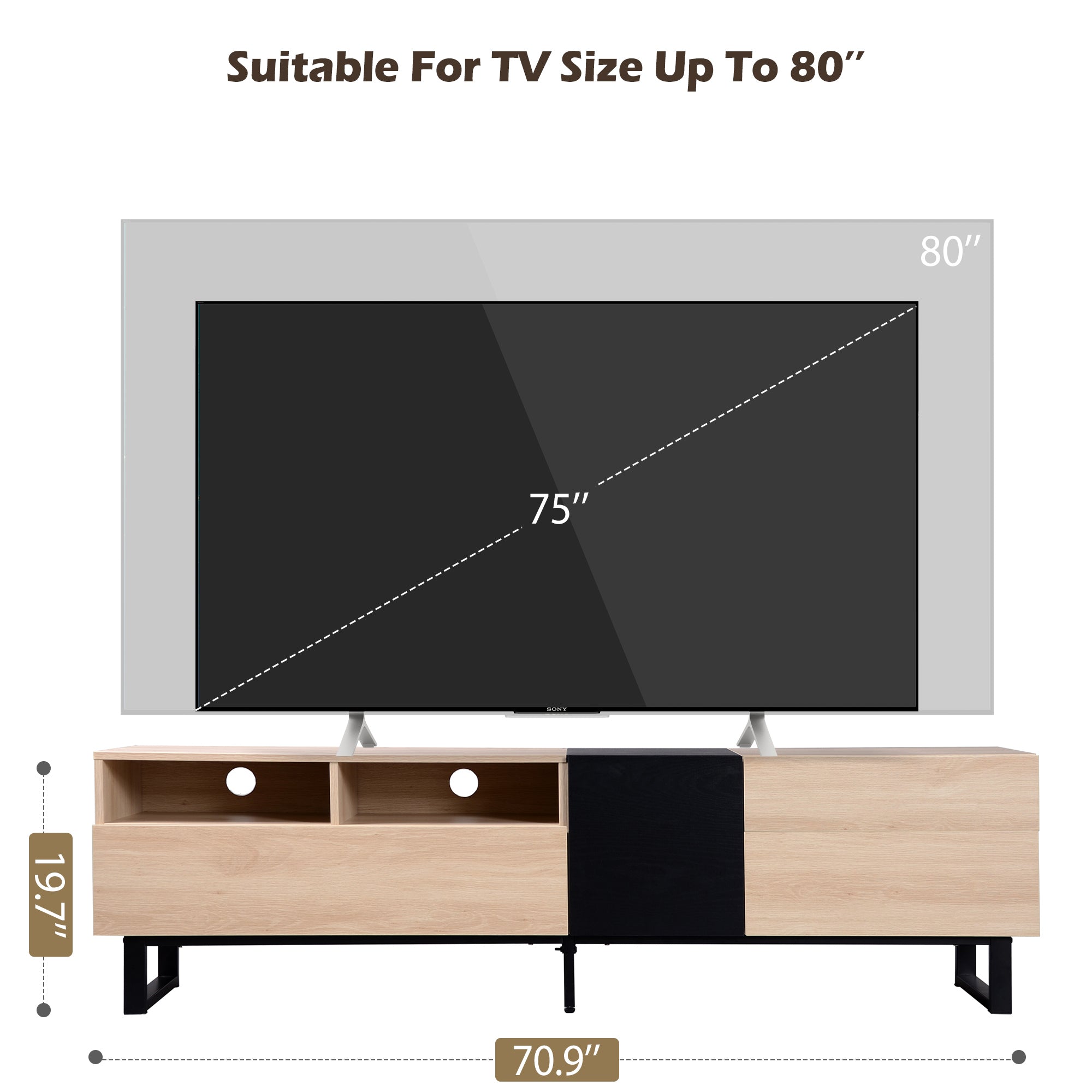 HAOYYE Modern TV Stand For 80 Inch TV With Double Storage Space And Drop Down Door, Media Console Table And Entertainment Center For Living Room, Bedroom And Home Theatre, Featuring Sturdy Space Saving Heavy Duty Construction And Sleek Contemporary Design
